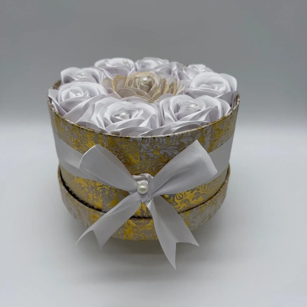 Handmade Satin Ribbon Rose Bouquet in Gold Damask Round Gift Box White Gold 8in